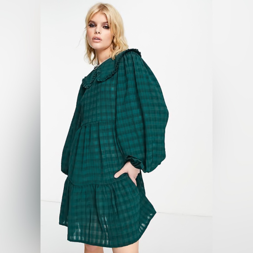 Violet Romance Green Plaid Collared Smock Tiered Mini Dress Size 8 - Picture 9 of 10